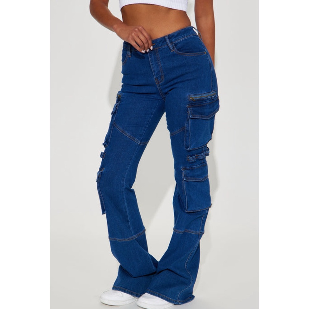 Fashion Nova Warning You Mid Rise Stretch Flare Cargo Jeans